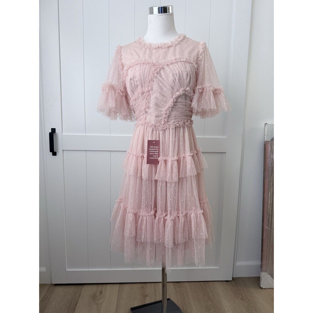 NWT Ivy City Co Whimsical Dress Sz M Pink Swiss Dot Tulle Ruffle Tiered Fairy